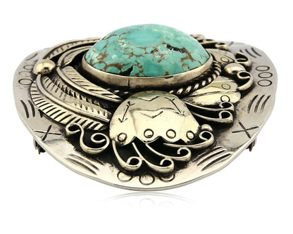 Navajo Belt Buckle .999 Nickle Silver Morenci Turquoise Native Artist C.80's