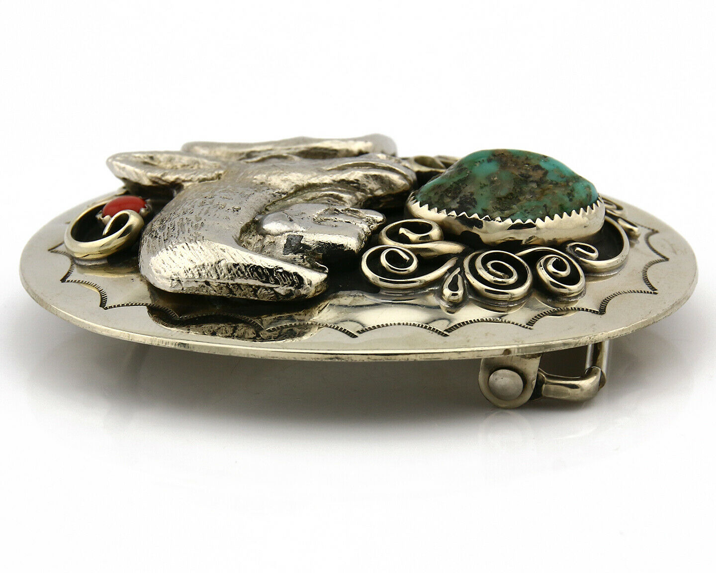 Navajo Belt Buckle .925 Silver & Nickle Gemstones Native American Artist C.80's