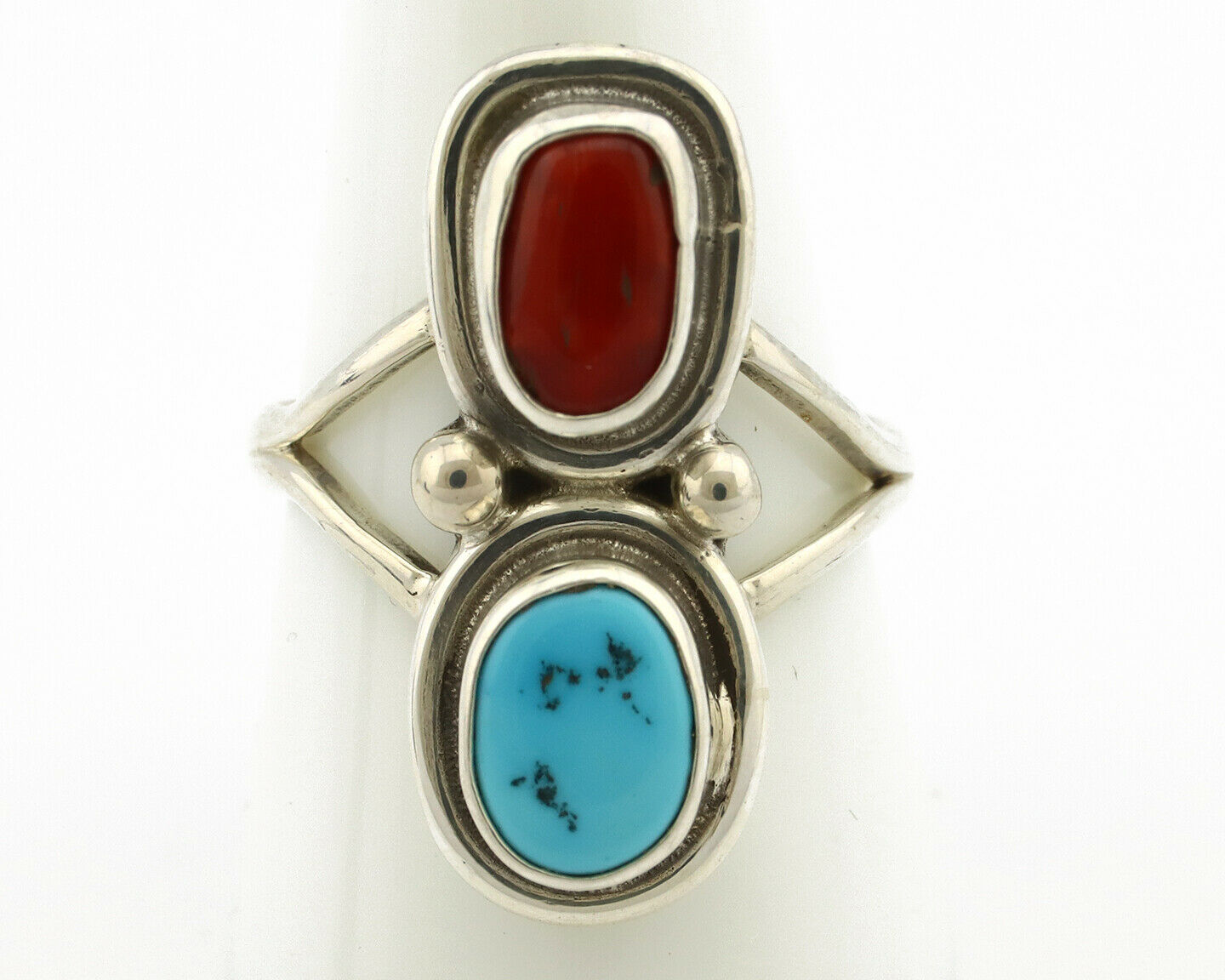 Navajo Ring .925 Silver Blue Turquoise & Red Coral Native American Artist C.80's