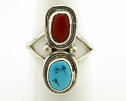 Navajo Ring .925 Silver Blue Turquoise & Red Coral Native American Artist C.80's