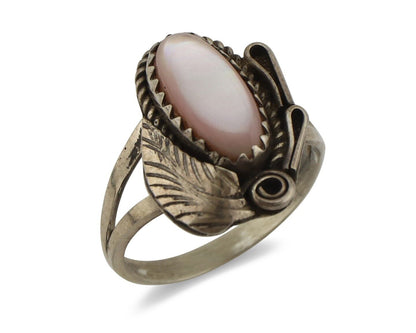 Navajo Ring .925 Silver Natural Pink Mussel Artist Signed Justin Morris C.80's