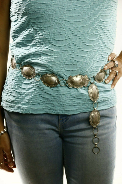 C.1980's Navajo Signed Marcella James .925 Silver Hand Stamped Concho Belt