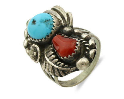 Navajo Ring .925 Silver Turquoise & Coral Artist Signed Thomas Singer C.80's