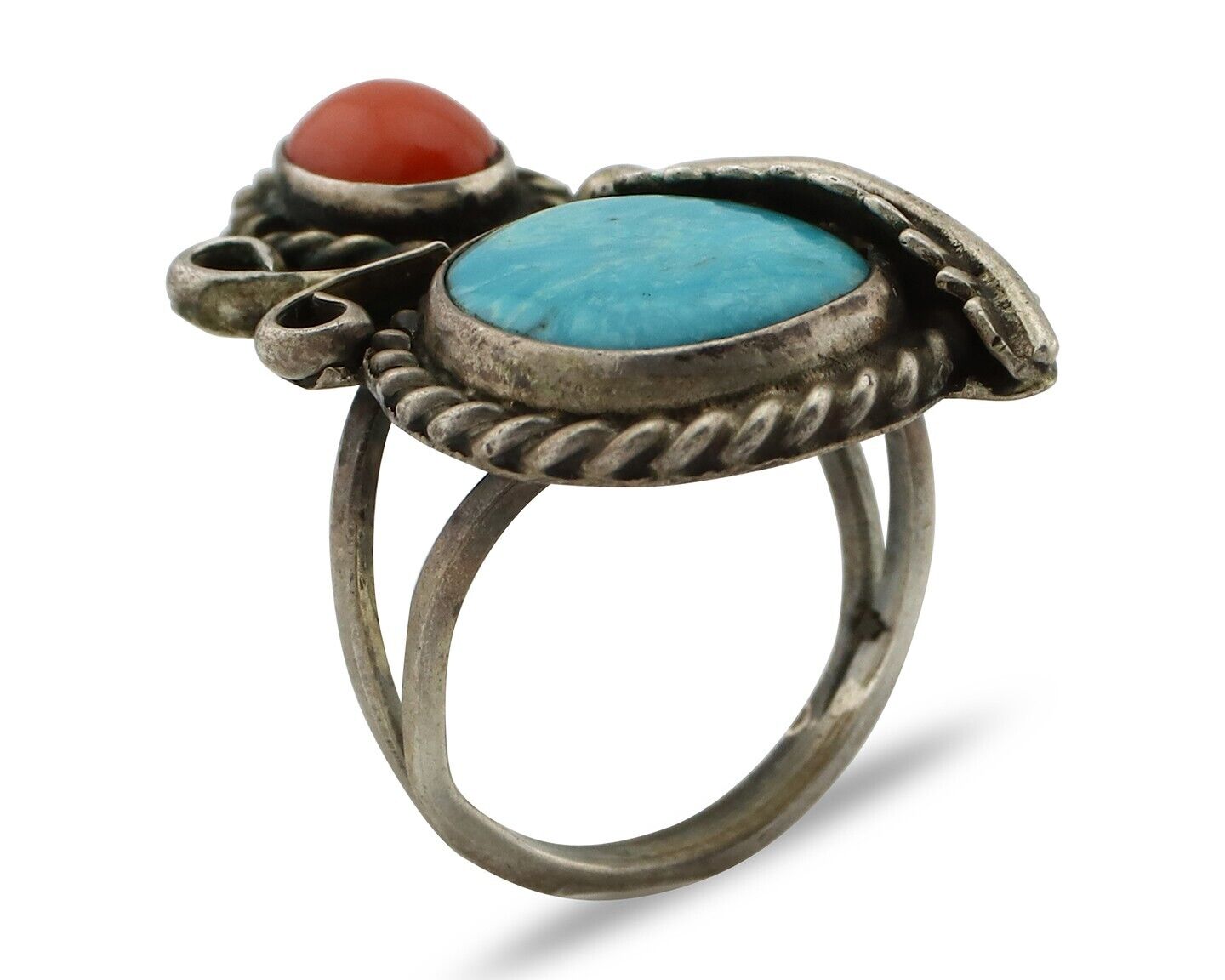 Navajo Handmade Ring 925 Silver Turquiose & Coral Native American Artist C.80's