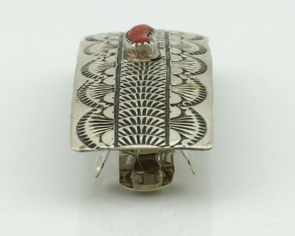Women's Navajo Hair Clip .925 Silver Inlaid Red Coral Artist Signed WB C.80's