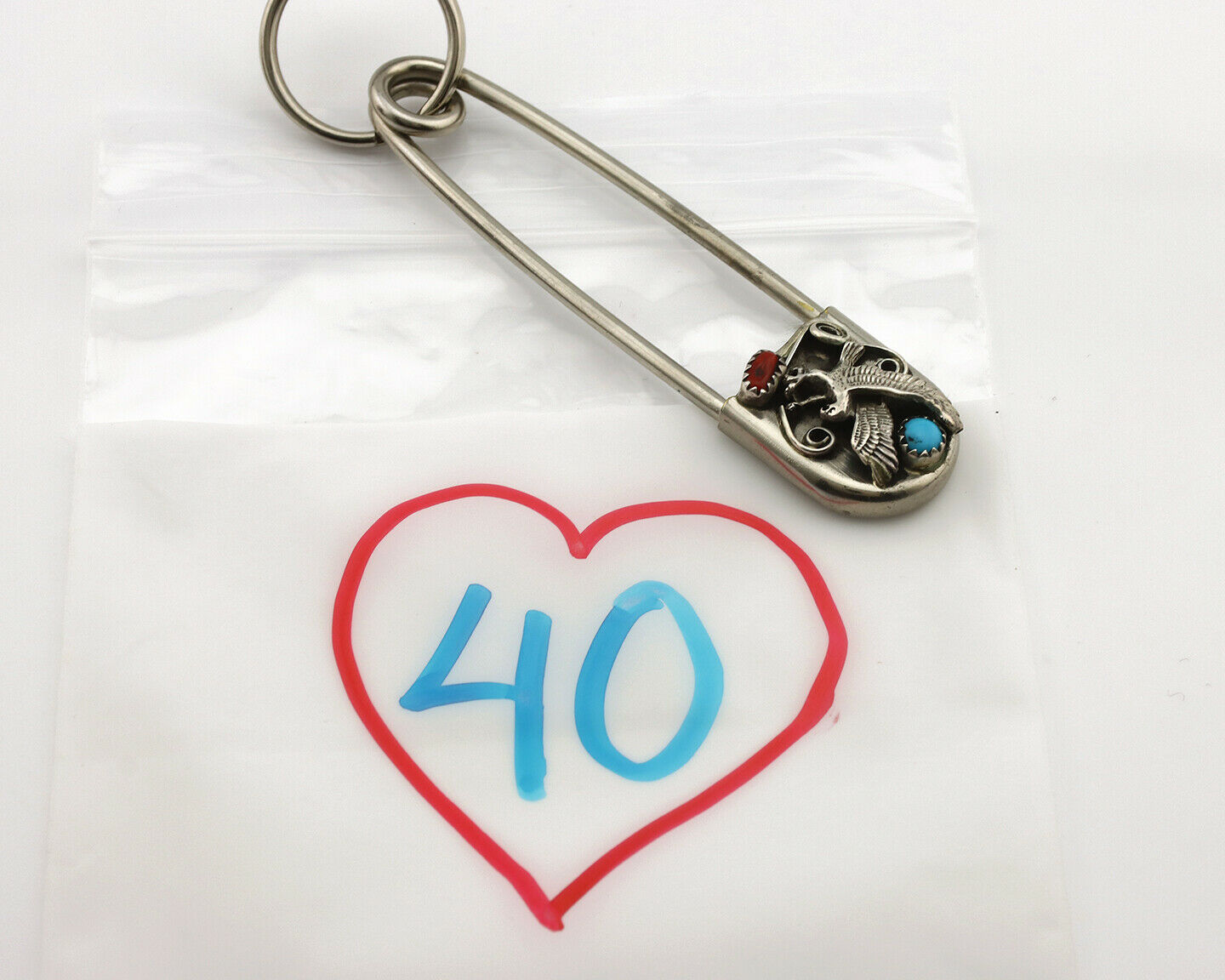 Navajo Handmade Key Chain .925 Silver Blue Turquoise & Coral Native Artist C80s