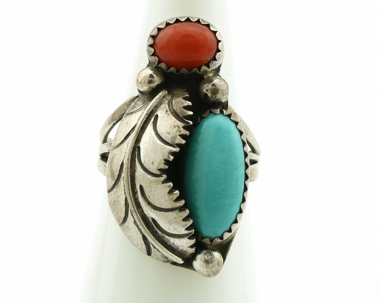 Navajo Ring .925 Silver Turquoise & Coral Native American Artist C.1980's