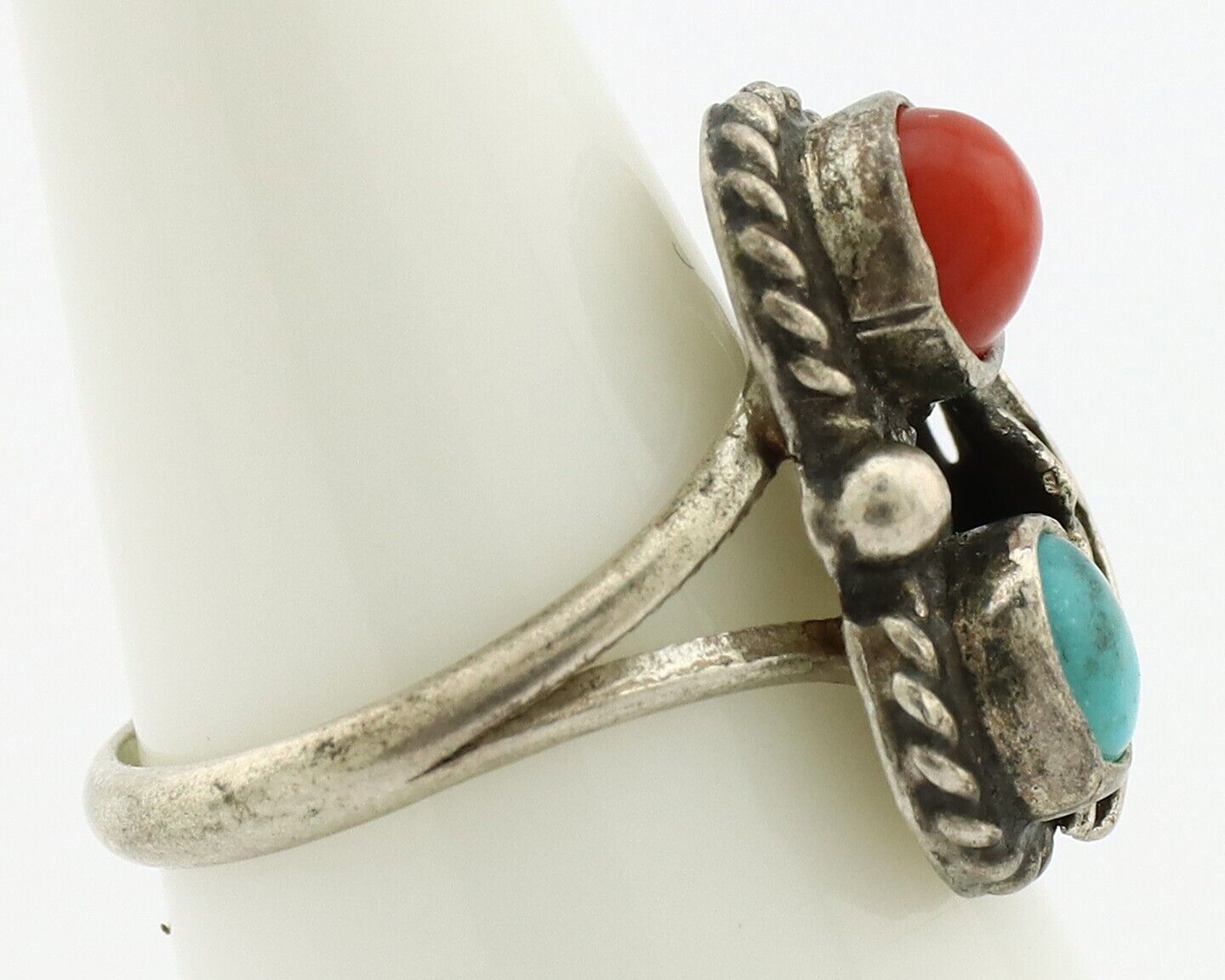 Navajo Handmade Ring 925 Silver Turquiose & Coral Native American Artist C.80's