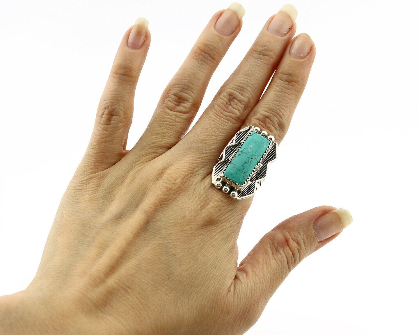 Navajo Ring .925 Silver Natural Uncolored Green Turquoise Signed Apache C.80's