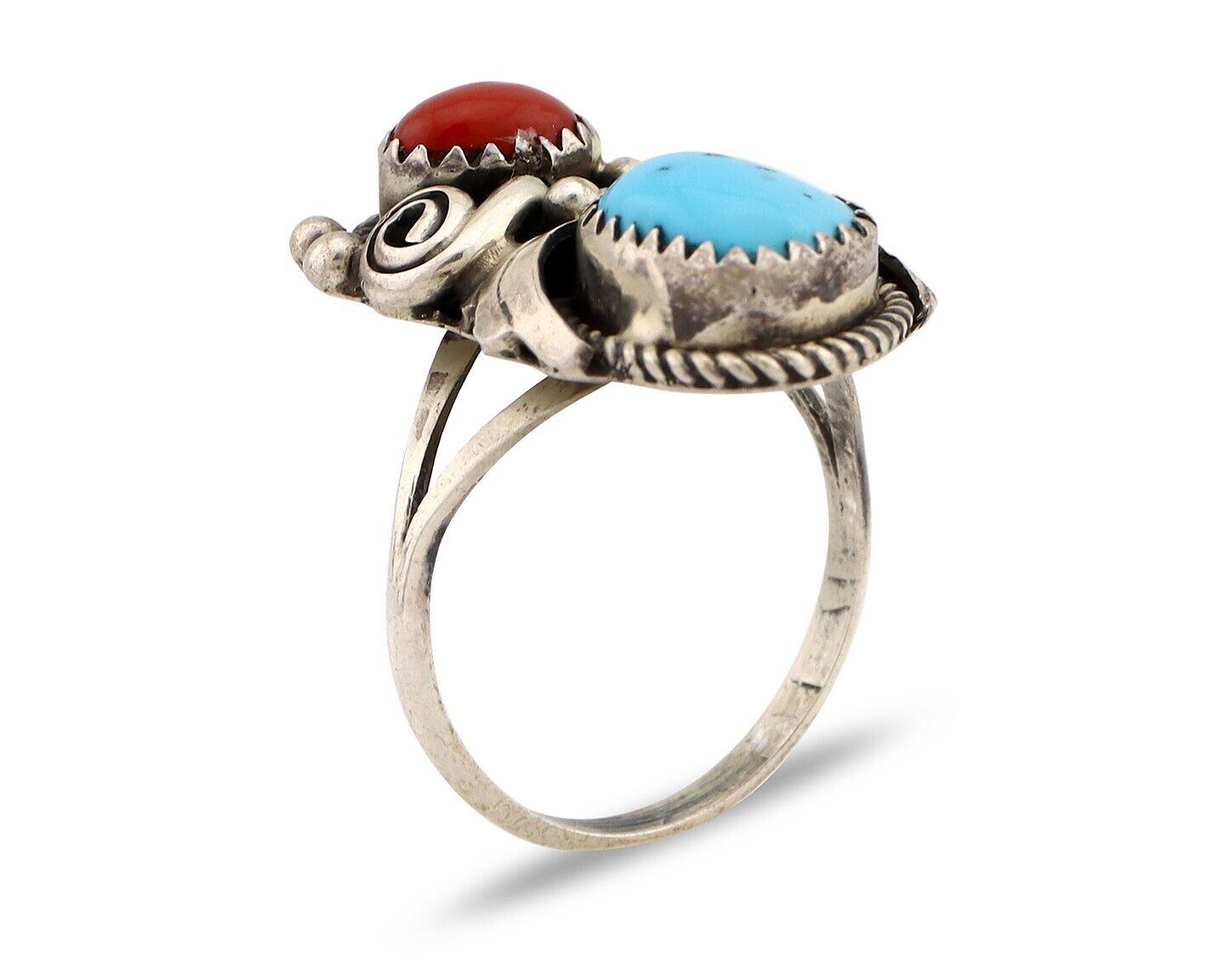 Navajo Ring 925 Silver Blue Turquiose & Coral Artist Signed Justin Morris C.80's