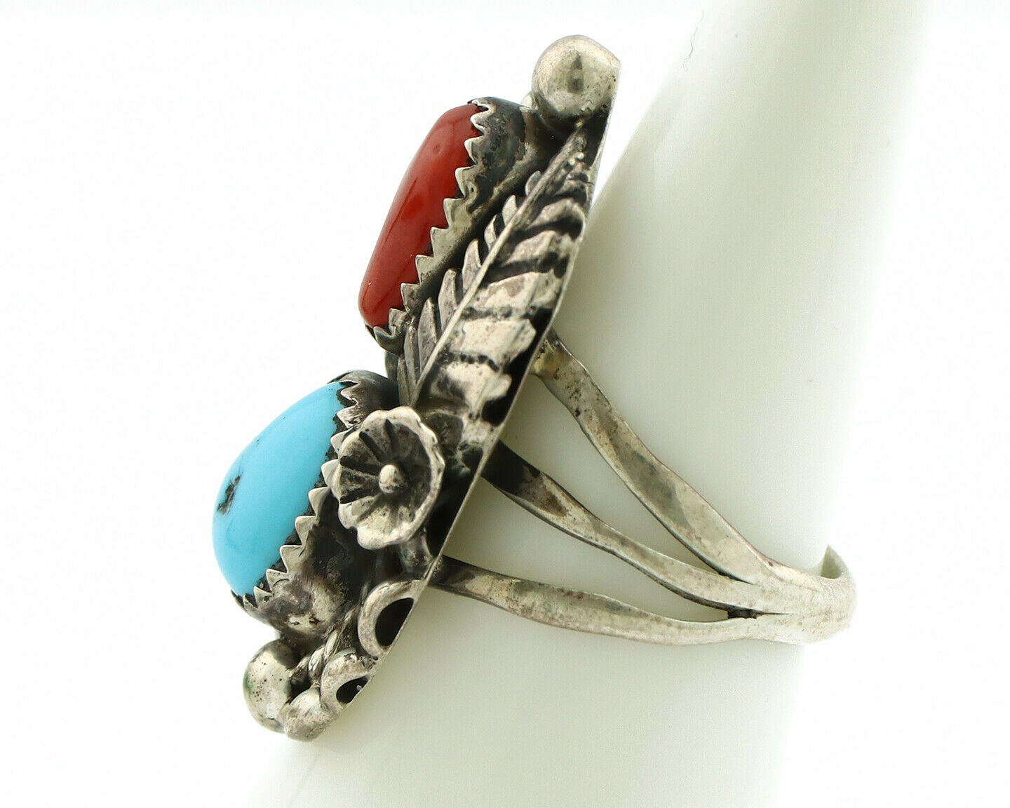 Navajo Ring .925 Silver Turquoise & Coral Artist Signed Thomas Singer C.80's