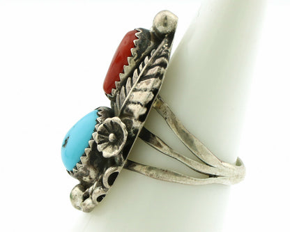 Navajo Ring .925 Silver Turquoise & Coral Artist Signed Thomas Singer C.80's