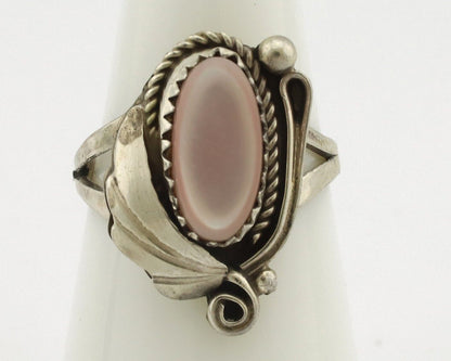 Navajo Ring .925 Silver Natural Pink Mussel Artist Signed Justin Morris C.80's