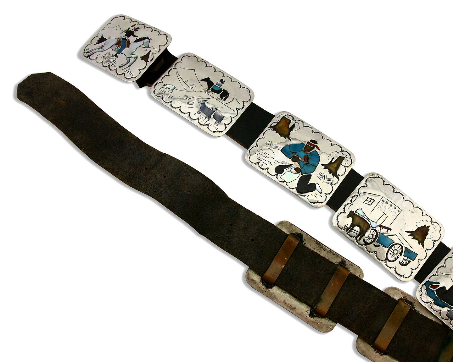 Navajo Concho Belt .925 Silver Inlaid Signed Benjamin Becenti C.80's