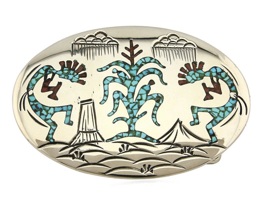 Navajo Belt Buckle .999 Nickle Silver Turquoise Coral Signed SD C.80's