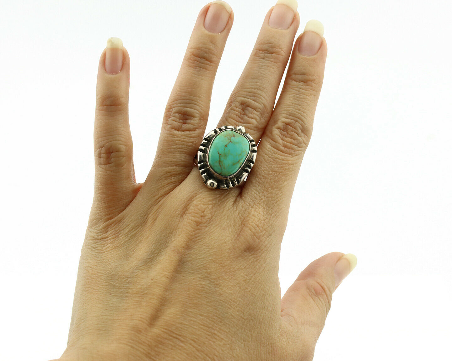 Navajo Ring .925 Silver Kingman Turquoise Artist Signed Gecko C.1980's