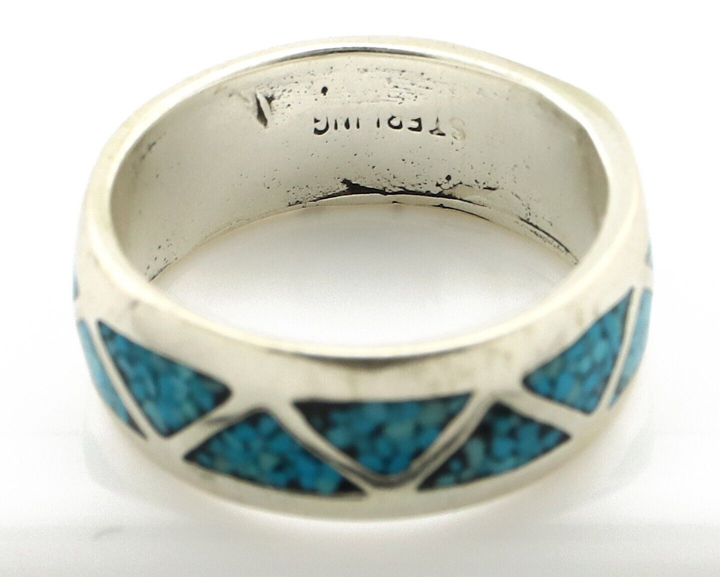 Navajo Chip Inlay Ring 925 Silver Sleeping Beauty Turquoise Artist Silver Cloud