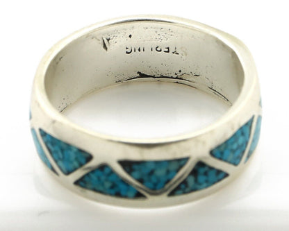 Navajo Chip Inlay Ring 925 Silver Sleeping Beauty Turquoise Artist Silver Cloud
