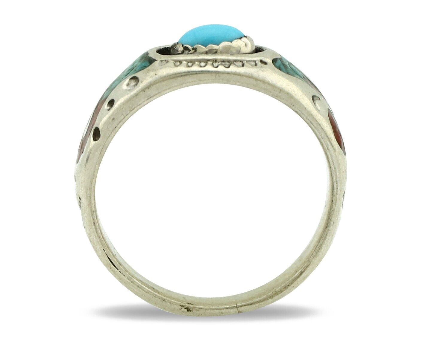 Navajo Handmade Ring 925 Silver Blue Turquoise & Coral Native American C.80's
