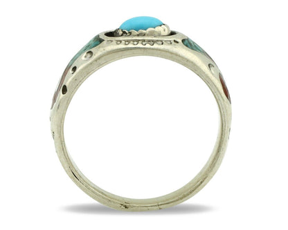 Navajo Handmade Ring 925 Silver Blue Turquoise & Coral Native American C.80's