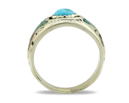 Navajo Handmade Ring 925 Silver Blue Turquoise & Coral Native American C.80's