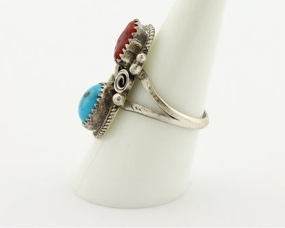 Navajo Ring 925 Silver Blue Turquiose & Coral Artist Signed Justin Morris C.80's