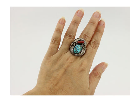 Navajo Ring 925 Silver Blue Turquiose & Mediterranean Coral Native Artist C.80's