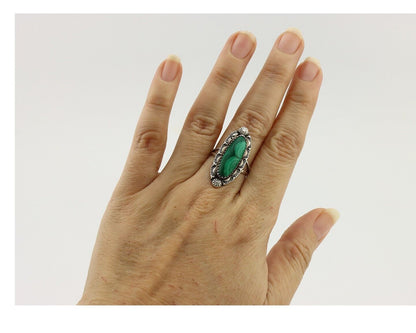 Navajo Ring .925 Silver Malachite Hand Stamped Signed Herman Lee C.80's