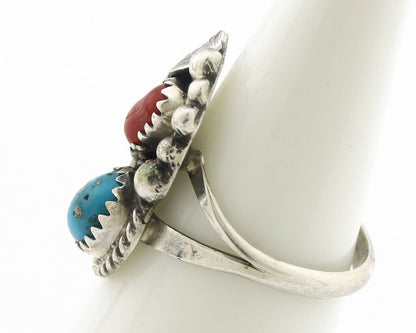 Navajo Ring .925 Silver Morenci Turquoise & Coral Native Artist Signed JM C.80's