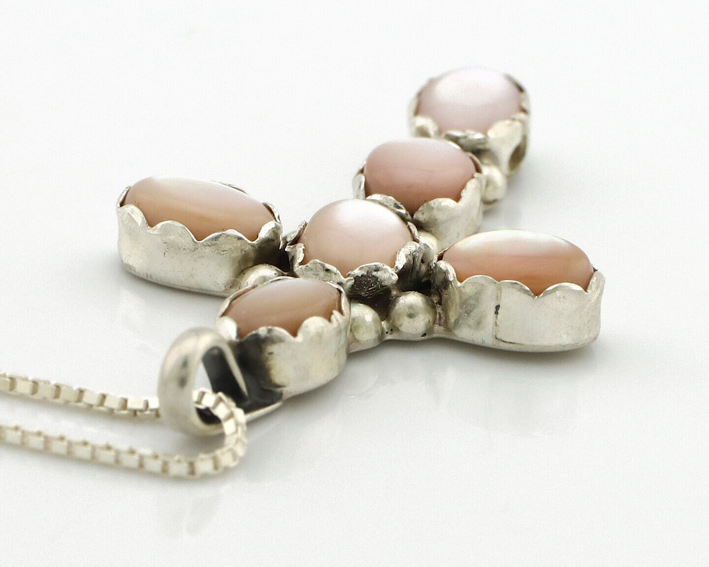 Navajo Cross Necklace 925 Silver Pink Mussel Native American Artist C.80's