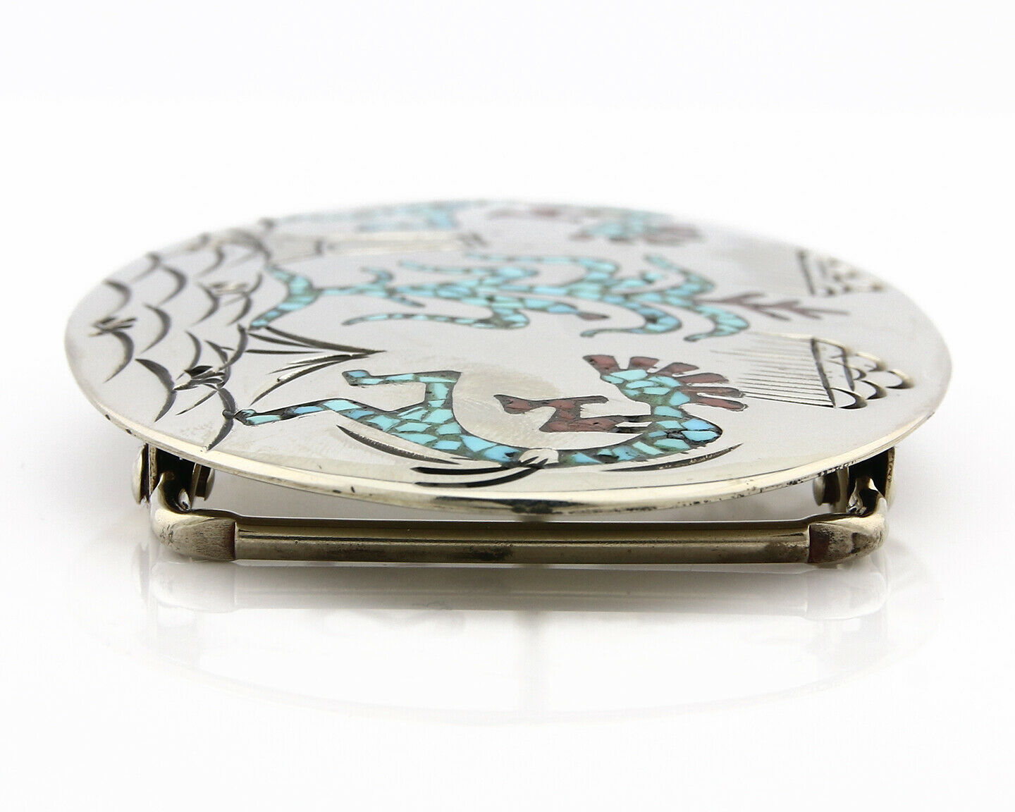 Navajo Belt Buckle .999 Nickle Silver Turquoise Coral Signed SD C.80's