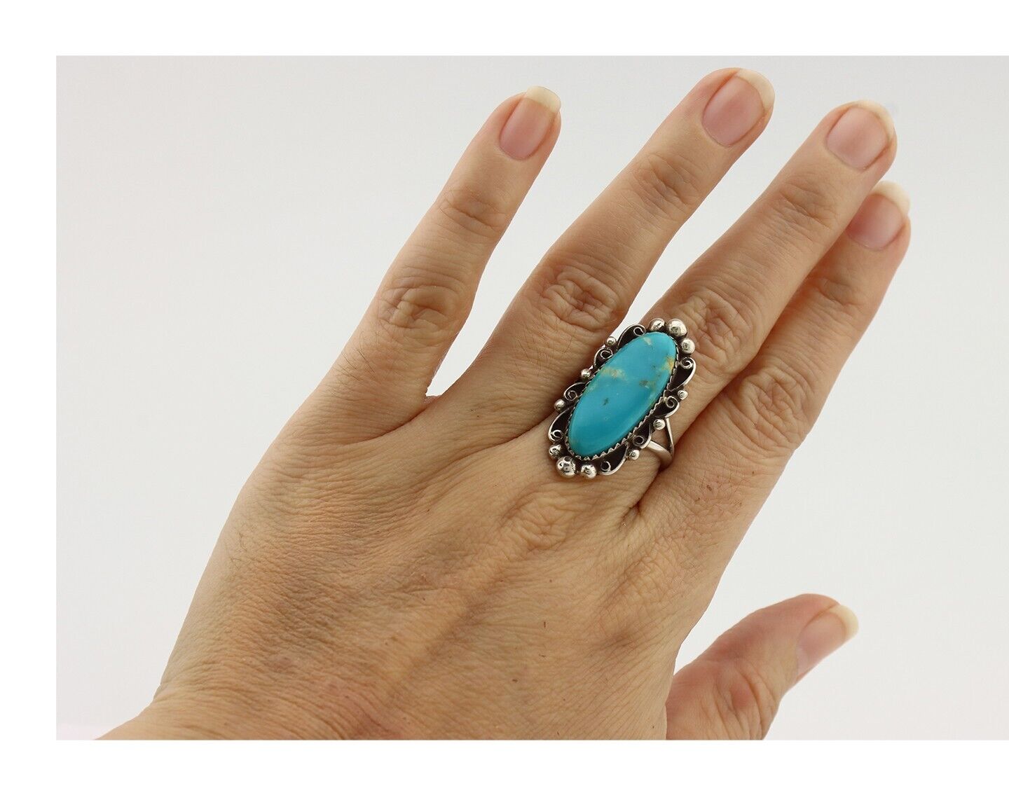 Navajo Ring .925 Silver Blue Gem Turquoise Artist Signed Billy Eagle C.80's