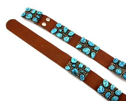 Navajo Concho Belt .925 Silver Morenci Turquoise Signed J. Sandoval C.80's