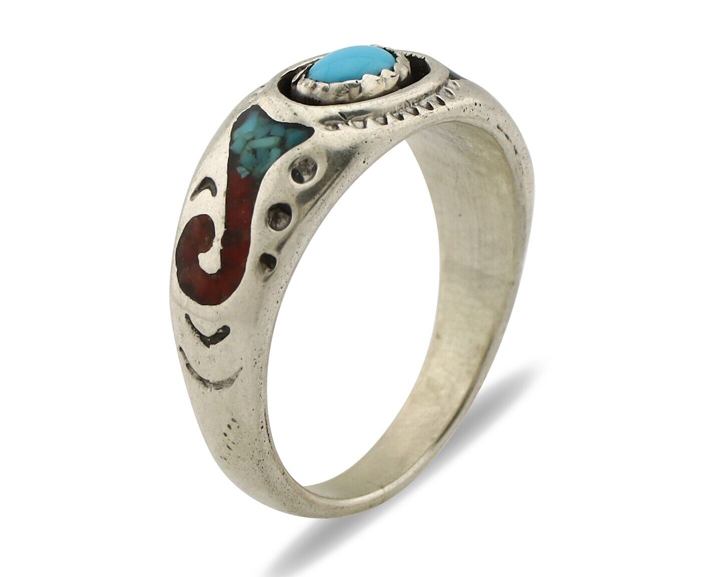 Navajo Handmade Ring 925 Silver Blue Turquoise & Coral Native American Artist