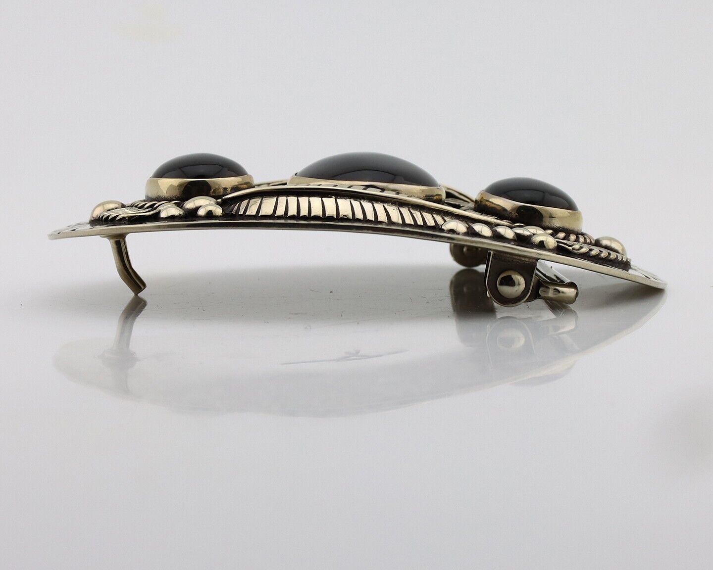 Men Navajo Belt Buckle .999 Nickel Onyx Artist Signed Teepee Handmade C.1980's