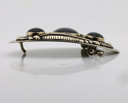 Men Navajo Belt Buckle .999 Nickel Onyx Artist Signed Teepee Handmade C.1980's