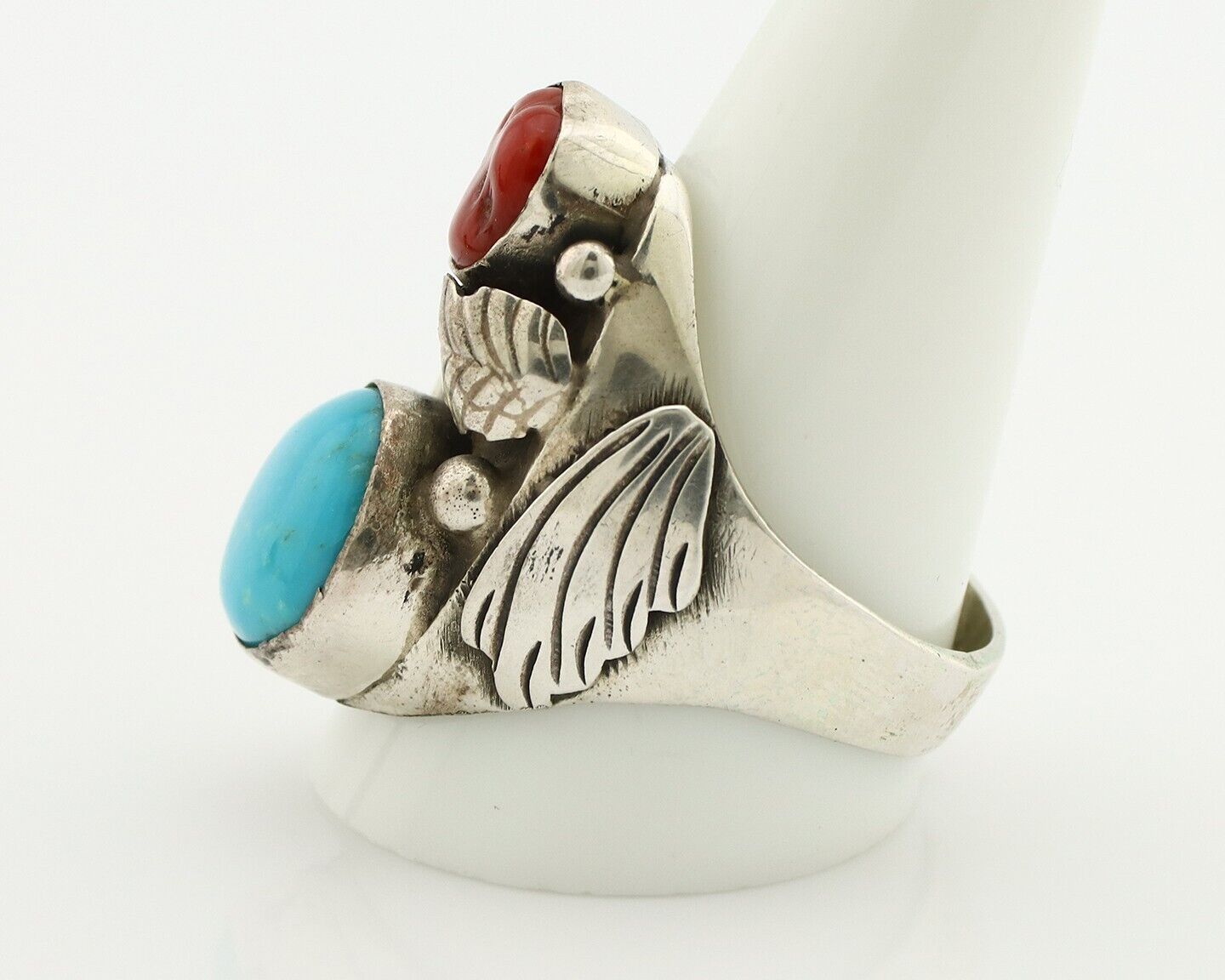 Navajo Ring 925 Silver Blue Turquiose & Mediterranean Coral Native Artist C.80's