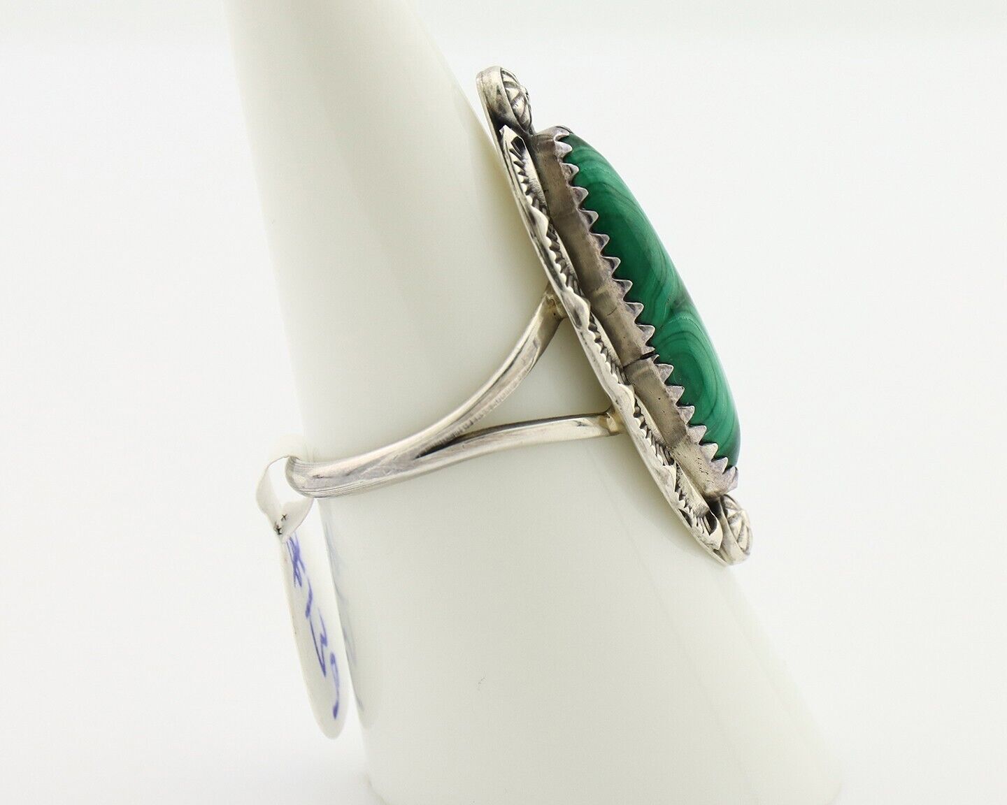 Navajo Ring .925 Silver Malachite Hand Stamped Signed Herman Lee C.80's