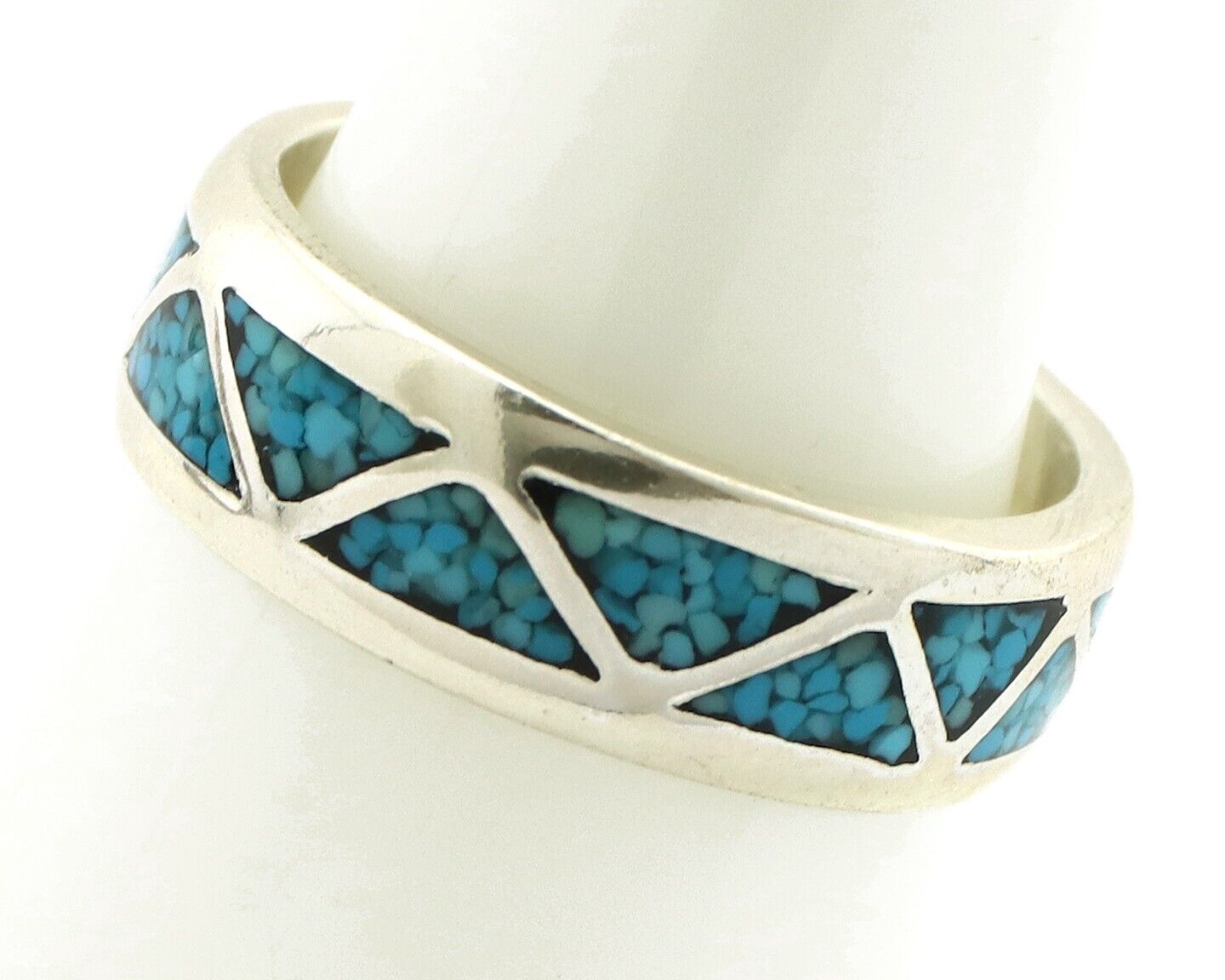 Navajo Chip Inlay Ring 925 Silver Sleeping Beauty Turquoise Artist Silver Cloud