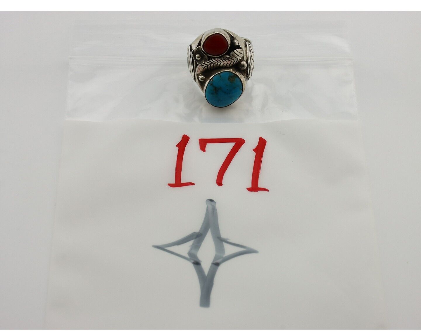 Navajo Ring 925 Silver Blue Turquiose & Mediterranean Coral Native Artist C.80's