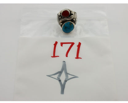 Navajo Ring 925 Silver Blue Turquiose & Mediterranean Coral Native Artist C.80's