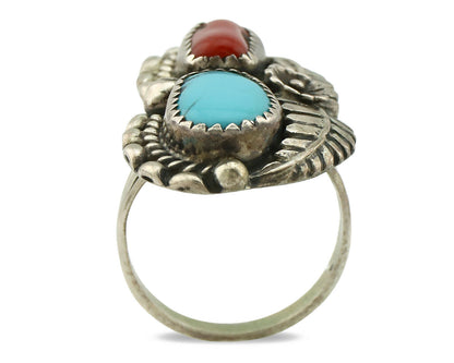 Navajo Ring .925 Silver Turquoise & Coral Artist Signed Thomas Singer C.80's