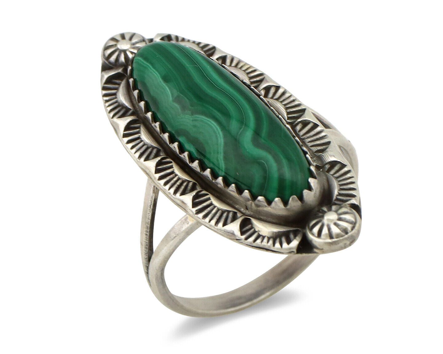 Navajo Ring 925 Silver Natural Malachite Artist Native American Signed H C.80's