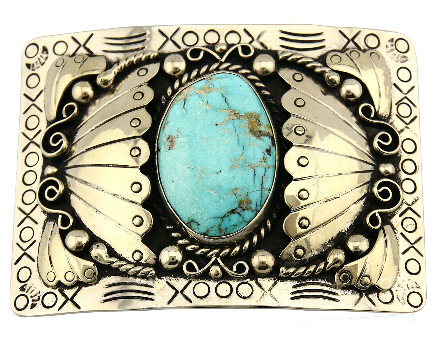 Navajo Belt Buckle .999 Nickle Silver Morenci Turquoise Native Artist C.80's