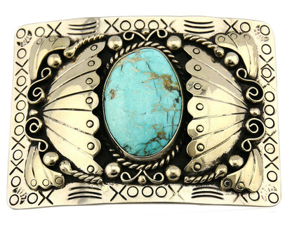 Navajo Belt Buckle .999 Nickle Silver Morenci Turquoise Native Artist C.80's