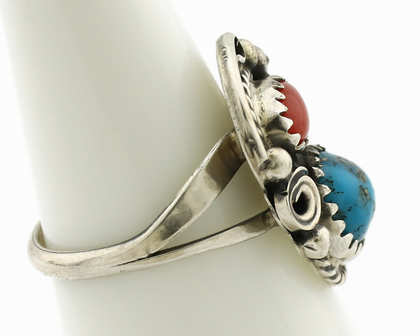 Navajo Ring .925 Silver Morenci Turquoise & Coral Native Artist Signed JM C.80's
