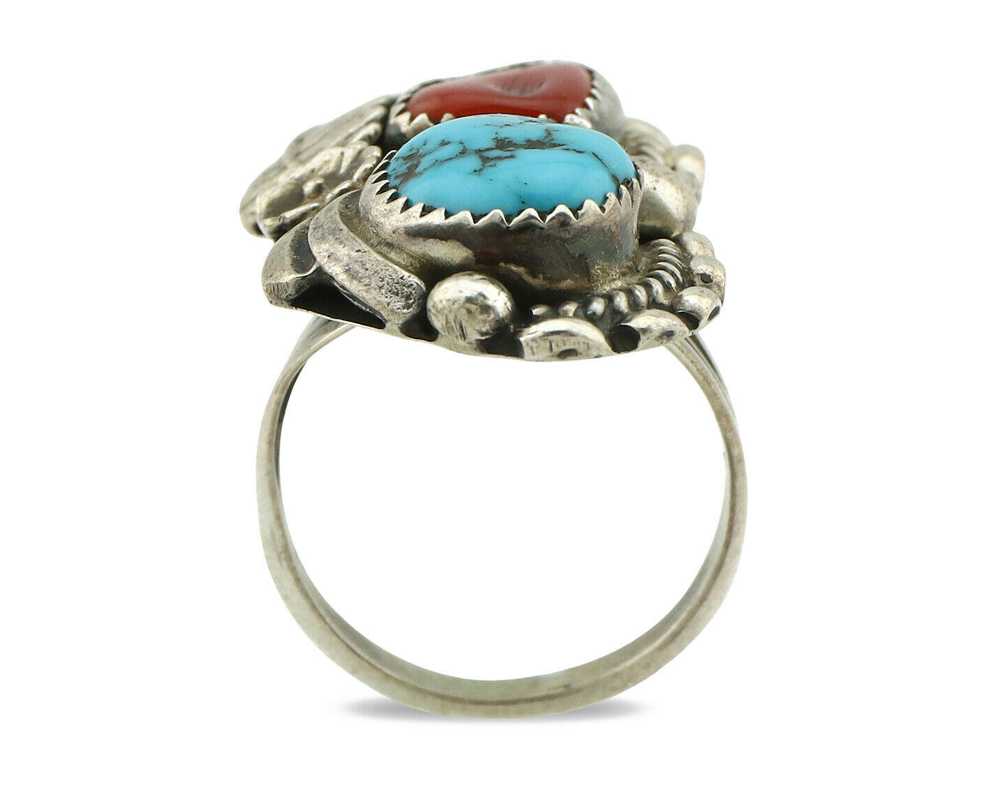 Navajo Ring .925 Silver Turquoise & Coral Artist Signed Thomas Singer C.80's