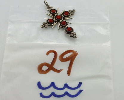 Zuni Handmade Cross Necklace 925 Silver Red Coral Artist Signed NOM? C.80's