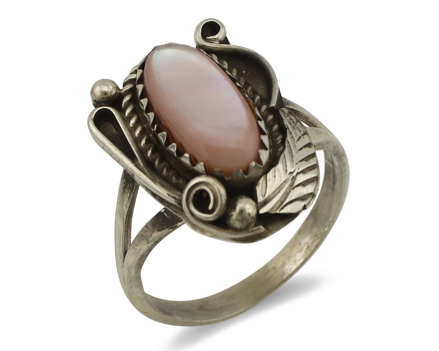 Navajo Ring .925 Silver Natural Pink Mussel Artist Signed Justin Morris C.80's