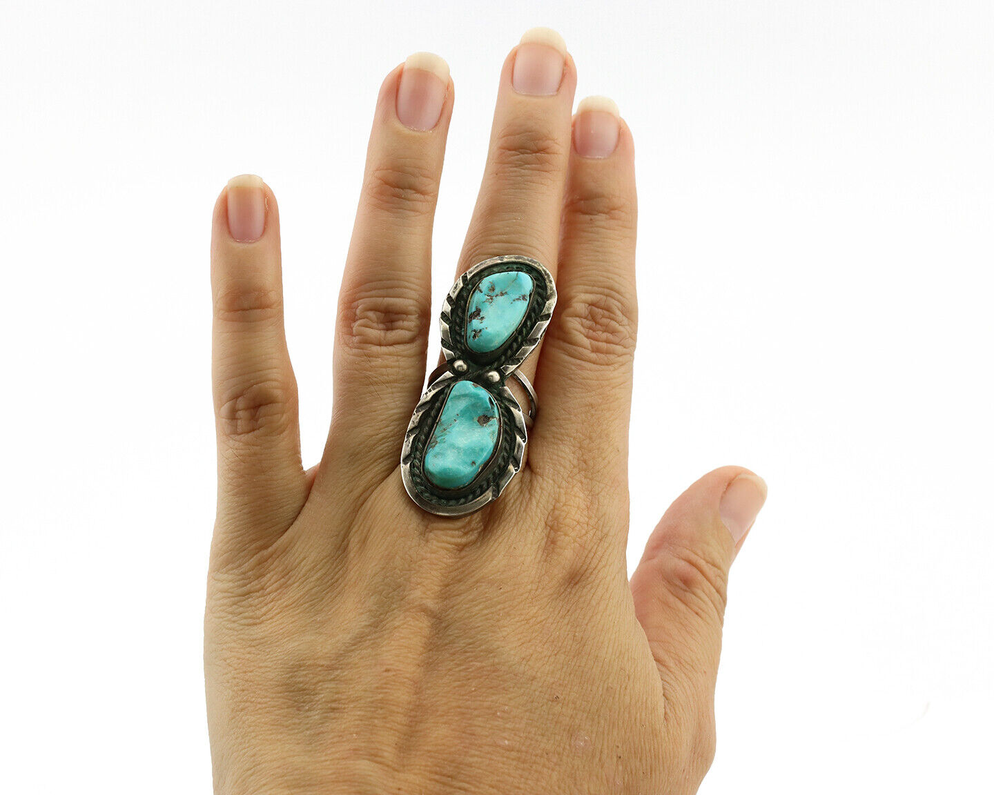 Navajo Ring .925 Silver Globe Turquoise Hand Stamped Native American Artist C80s